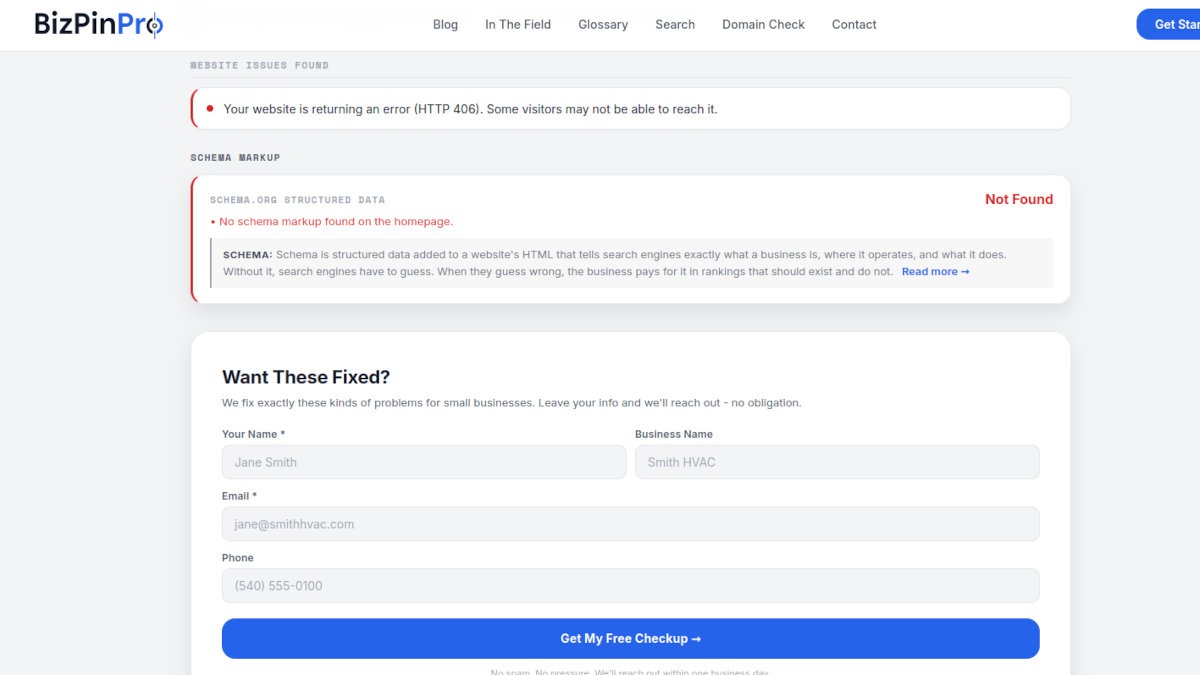 Screenshot of the BizPinPro public scanner on a local t-shirt company with no schema