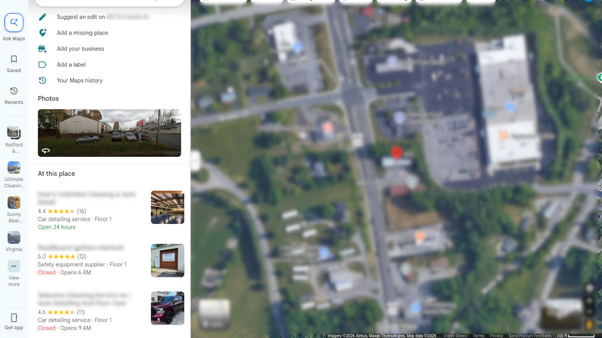 Screenshot of Google Maps showing mutiple businesses at the same address, example of Split Authority.
