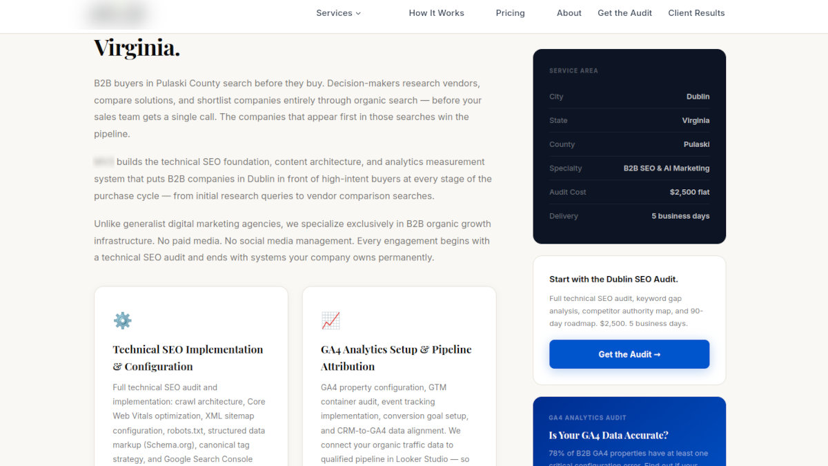 A redacted screenshot of the SEO Experts claiming local credentials.