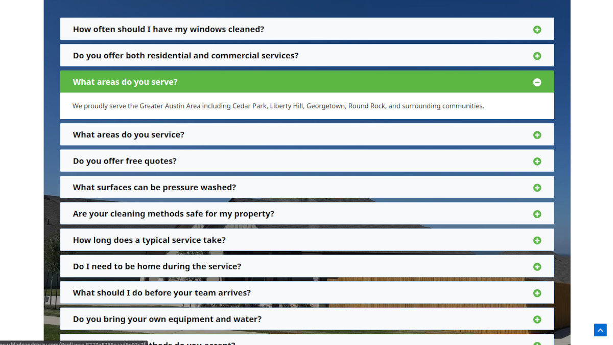 FAQ showing they serve the Austin area