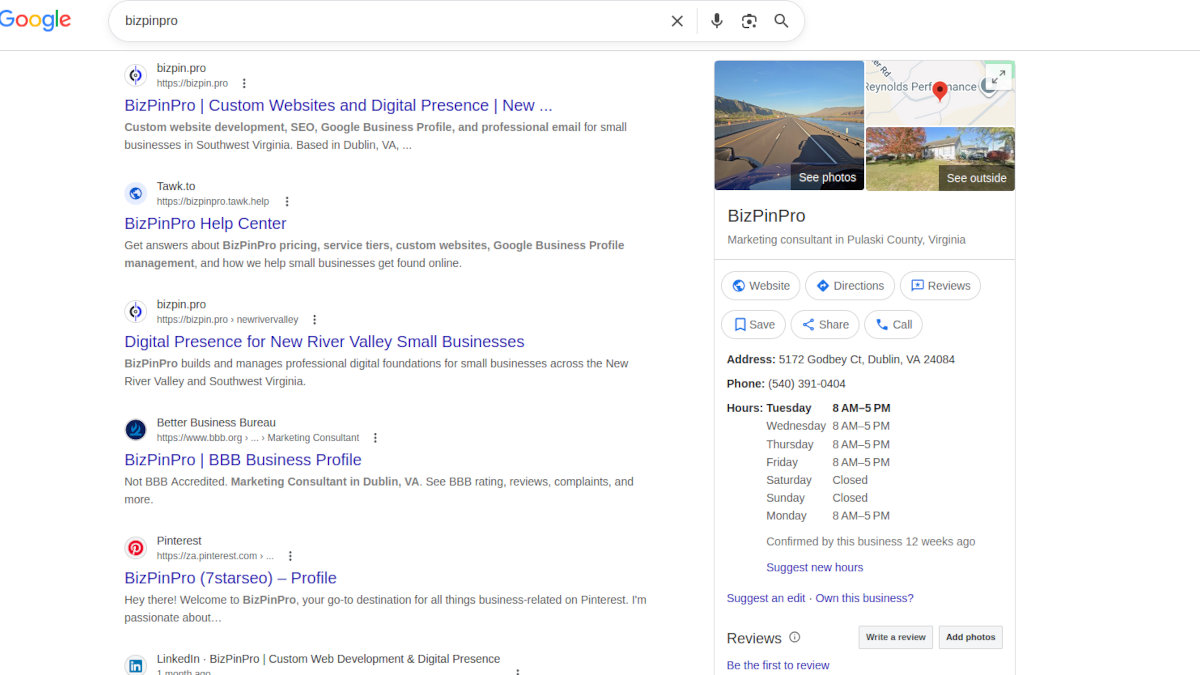 BizPinPro's information shows up on Google Knowledge Panel, fed from the LocalBusiness Schema.
