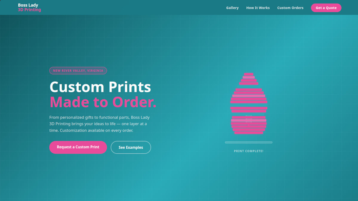 Boss Lady 3D Printing website screenshot